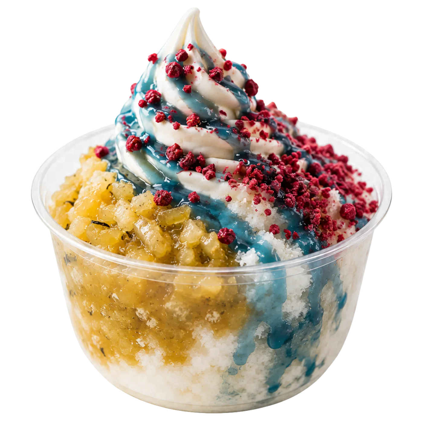 Crown Jewels — frozen kefir on Greek snow with lemon tea compote, blue spirulina and freeze-dried raspberry