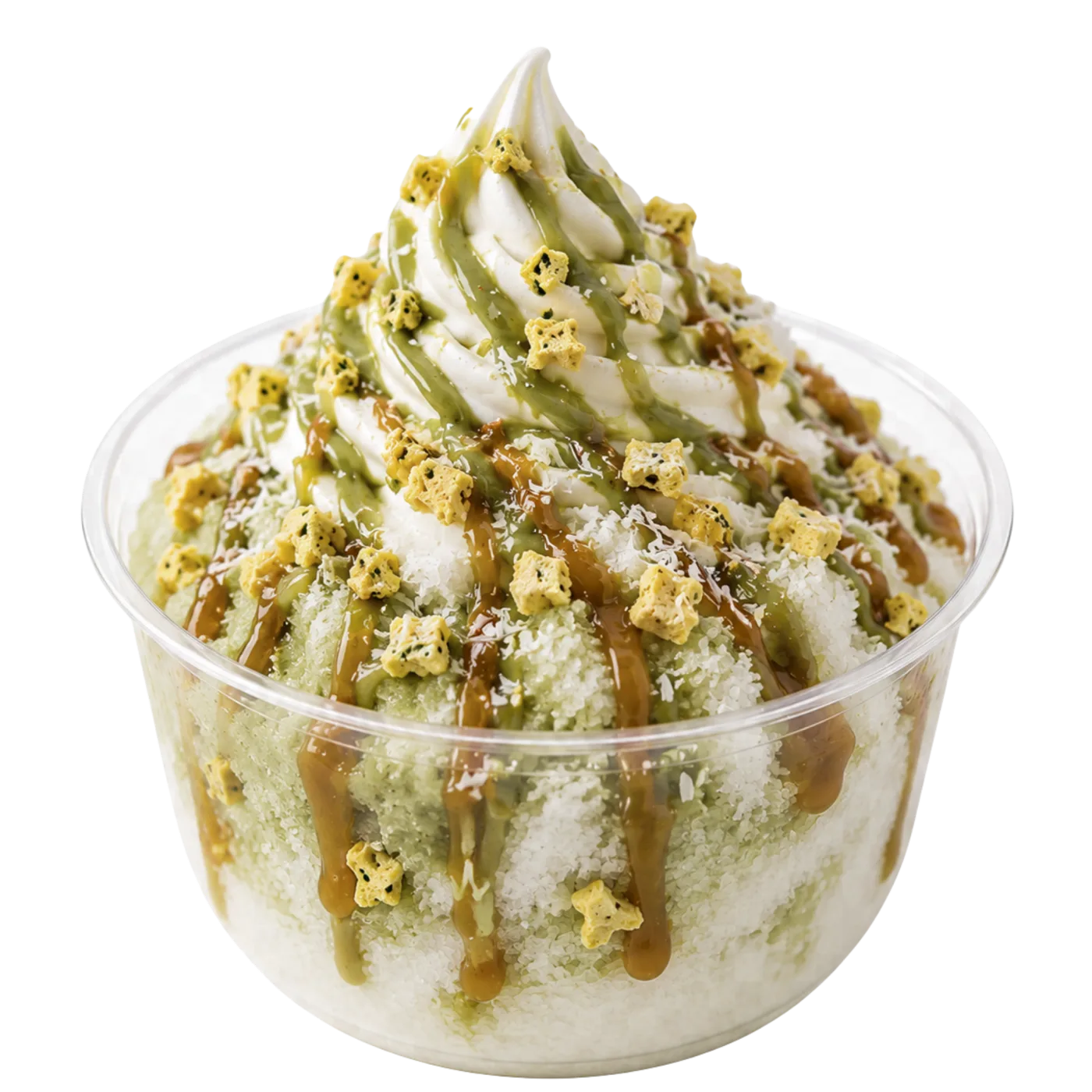 Golden Emerald — frozen kefir on Greek snow with matcha, coconut nectar and passionfruit