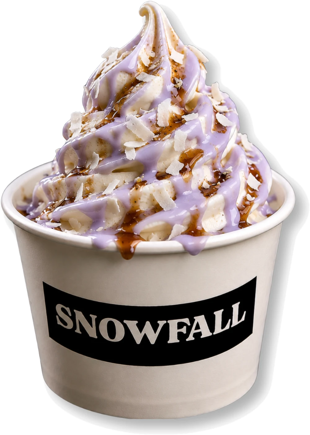 East Meets West — Greek froyo with miso-saffron drizzle, passionfruit-ube shell and coconut flakes